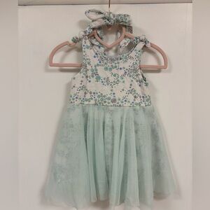 Rene Rofe Mint Green Floral Tulle Party Dress with Headband